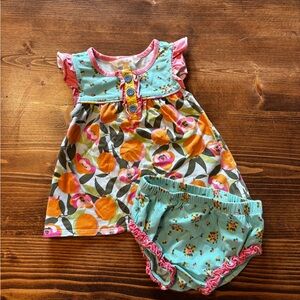 Matilda Jane Vibrant Dress and Diaper Cover Set - Oranges and Aqua, pink trim